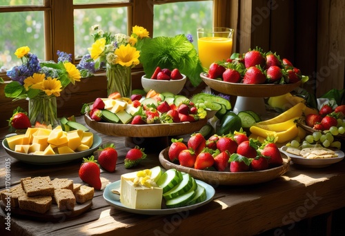 vibrantly arranged colorful snack display tidy rustic wooden table surrounded freshness wholesomeness, appetizer, bowl, cheese, dip, filling, finger, food