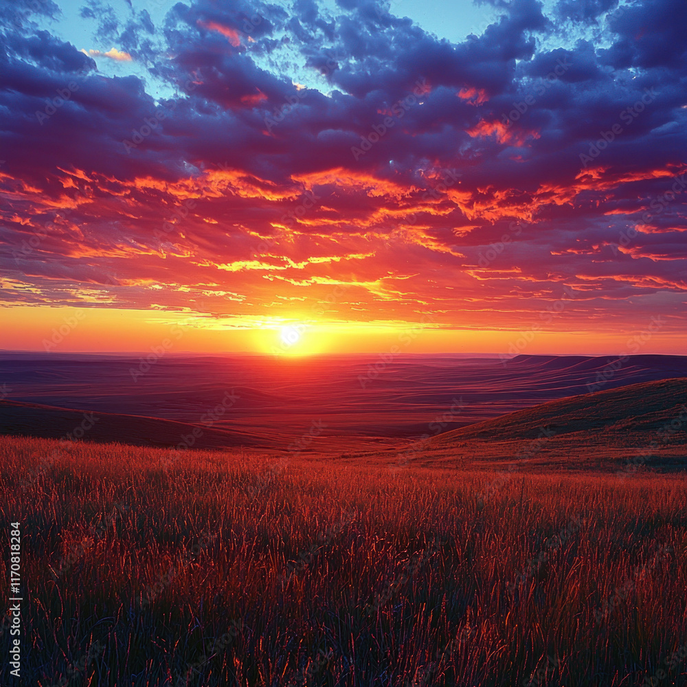 Fototapeta premium Vibrant sunrise over a vast field.