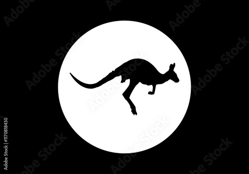 Silueta negra de un canguro corriendo sobre fondo negro con círculo blanco en el centro. Canguro en el punto de mira