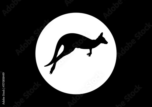 Silueta negra de un canguro corriendo sobre fondo negro con círculo blanco en el centro. Canguro en el punto de mira