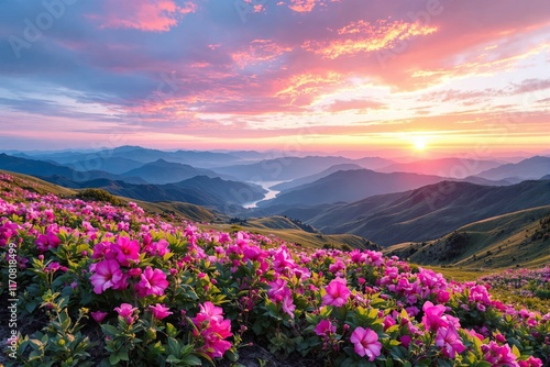 Lush pink flowers covering green hills under a vibrant sunset sky, overlooking mountains and a winding river. Concept of natural beauty. Ai generative