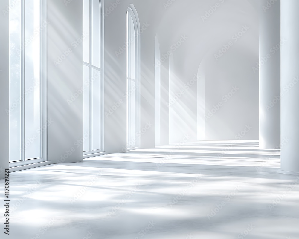 Obraz premium Sunlit minimalist white interior hallway.