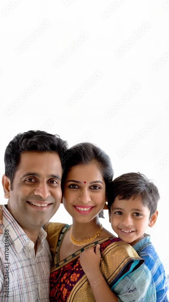 Indian family portrait with mon, dad and little son posing over white background with copy space Indian family portrait with mon, dad and little son posing over white background with copy space