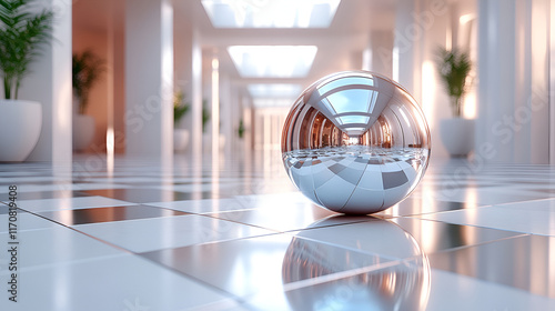 3d render of abstract art with surreal metal silver ball sphere with mirror effect inside of minimalistic white interior based on geometry figures as cylinders cubes in rectangles and square shapes
