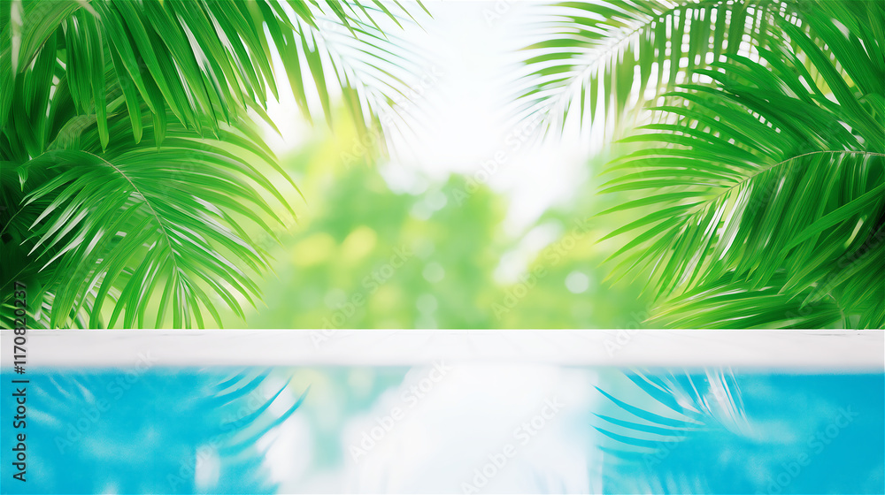 Fototapeta premium Lush green tropical leaves casting shadows over a bright blue swimming pool, creating a refreshing and exotic vibe.