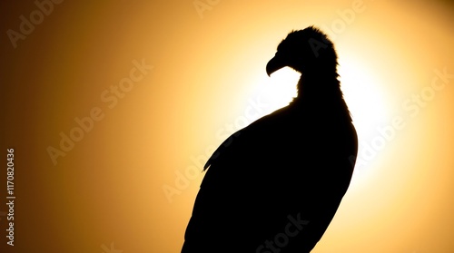 Silhouetted Ethiopian vulture against bright backlight, graceful and elegant pose. Refined features emphasized by backlighting. High contrast reveals detail photo