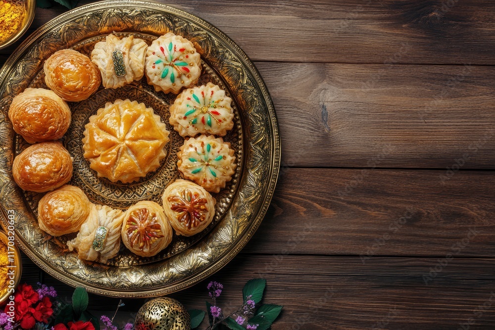 Golden tray with shekerbura and pakhlava for Novruz, Azerbaijan traditional pastry for spring equinox and Persian Nowruz, Navruz new year celebration on brown wooden background Golden tray with shekerbura and pakhlava for Novruz, Azerbaijan traditional pastry for spring equinox and Persian Nowruz, Navruz new year celebration on brown wooden background