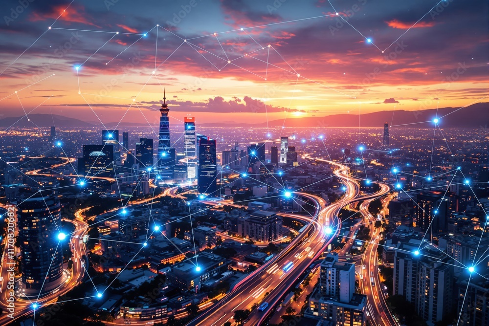 A vibrant cityscape featuring skyscrapers, a glowing web of interconnected nodes, a sunset background, and flowing traffic. Concept of connectivity. Ai generative A vibrant cityscape featuring skyscrapers, a glowing web of interconnected nodes, a sunset background, and flowing traffic. Concept of connectivity. Ai generative