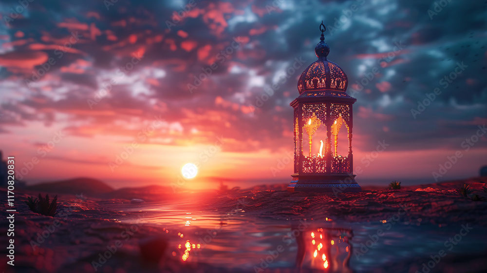 Fototapeta premium Muslim Holy Month Ramadan Kareem - Hias Arab Lantern Dengan Burning Candle Glowing At Evening