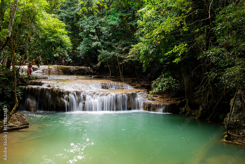 Beautiful and amazing Erawan waterfall in tropical forest of national park, Kanchanaburi, Thailand. Beautiful and amazing Erawan waterfall in tropical forest of national park, Kanchanaburi, Thailand.