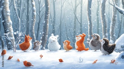 Fototapeta Naklejka Na Ścianę i Meble -  Winter Woodland Friends Gathering In Snowy Forest