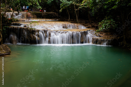 Beautiful and amazing Erawan waterfall in tropical forest of national park, Kanchanaburi, Thailand.
