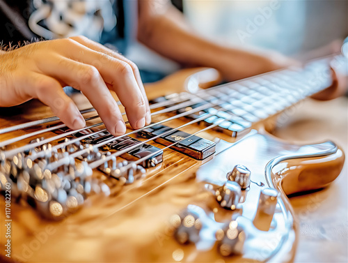 Close-up of a musician's hands playing an electric guitar. The strings and metallic details of the instrument reflect light, creating a dynamic and artistic composition. photo