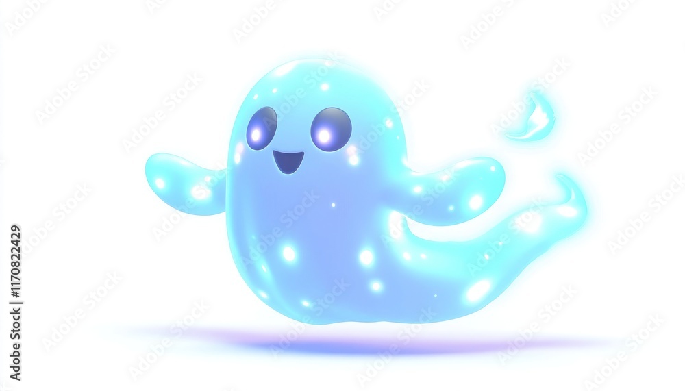 Happy ghost floats, glowing, night sky, game asset Happy ghost floats, glowing, night sky, game asset
