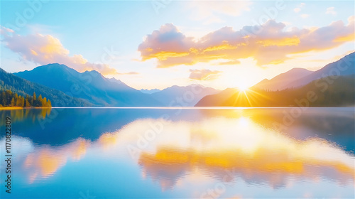 Wallpaper Mural A serene lake surrounded by mountains during a vibrant sunrise, reflecting colors of orange and blue in the water, evoking peace and natural beauty. Torontodigital.ca