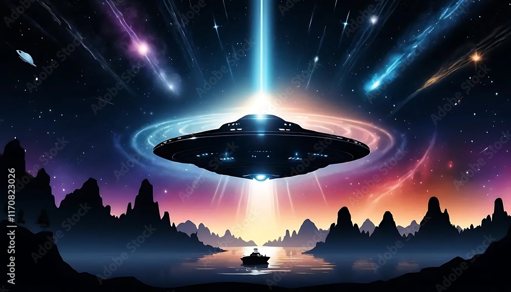 Alien Spaceship Descends Over Serene Mountain Lake Alien Spaceship Descends Over Serene Mountain Lake