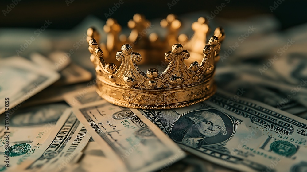 Wealth symbol golden crown on pile of cash luxury lifestyle indoor close-up view
