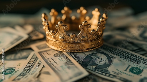 Obraz na płótnie Wealth symbol golden crown on pile of cash luxury lifestyle indoor close-up view w salonie