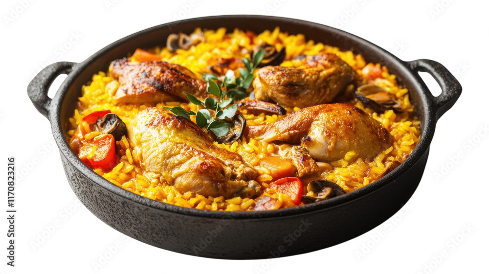 Spanish chicken and rice dish served in a traditional black skillet with vibrant vegetables and herbs. Spanish chicken and rice dish served in a traditional black skillet with vibrant vegetables and herbs.
