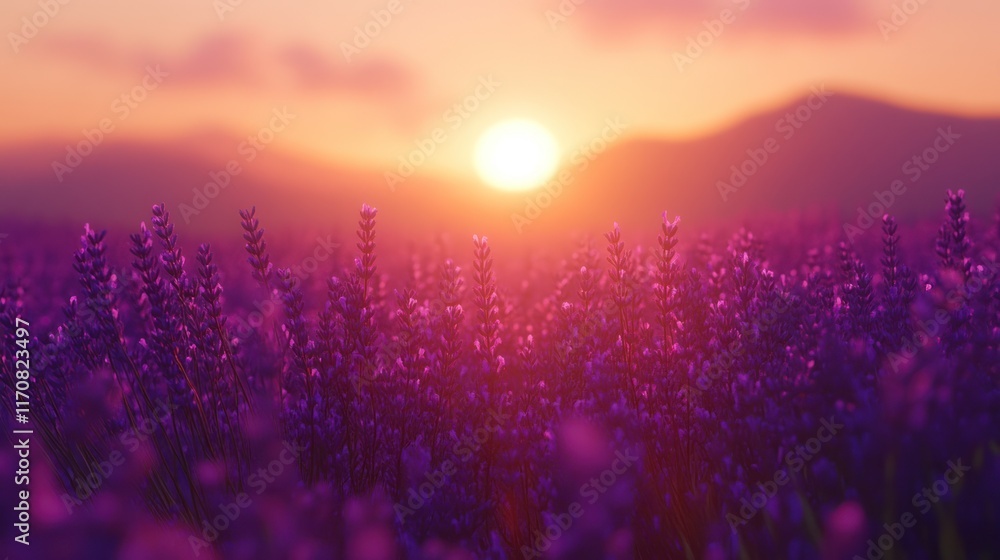 Sunset over a vibrant lavender field. Sunset over a vibrant lavender field.