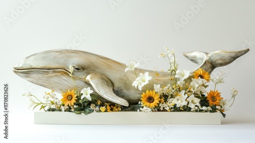 Whimsical whale sculpture with floral arrangement on a white platform.