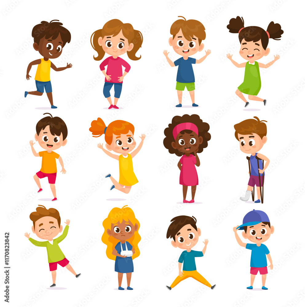 Vector illustration of diverse children in various poses and expressions, including happy kids, kids with disabilities, and kids engaging in playful activities. Cartoon kids isolated on white. Vector illustration of diverse children in various poses and expressions, including happy kids, kids with disabilities, and kids engaging in playful activities. Cartoon kids isolated on white.