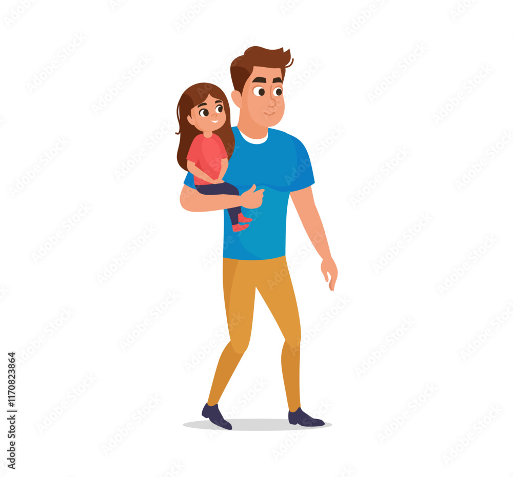Fototapeta premium Flat style father carrying his daughter. Cartoon happy family lifestyle and leisure concept. Father spending time with daughter vector illustration. Parenting, family life concept isolated on white