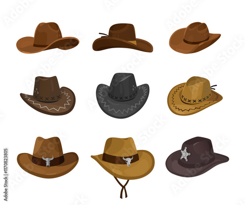 Cowboy Hats set in Various Styles and Colors isolated on white background. Vector Illustration. Cartoon elements for western, cowboy, country, fashion-themed projects, poster and character design.