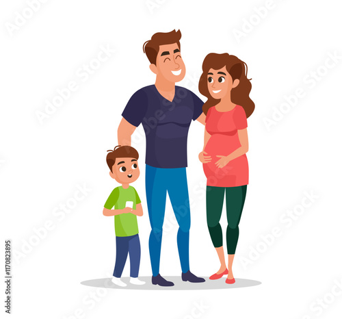 Happy growing family with expectant mother, father, and child. Flat vector illustration perfect for parenting, pregnancy, family lifestyle, and maternity care themes or family-oriented content.