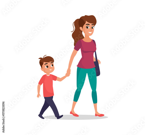 Mother and son happily walking hand in hand. Happy family cartoon characters vector illustration isolated on white background. Colorful design concept for parenting, outdoor lifestyle, school.