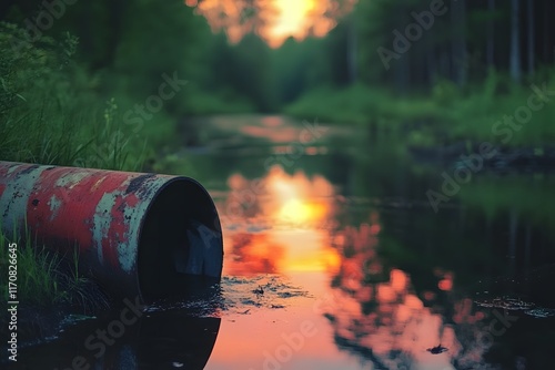 A sharp focus on a leaking sewage pipe spilling into a river, with blurred trees and a sunset reflecting on the polluted water.  photo