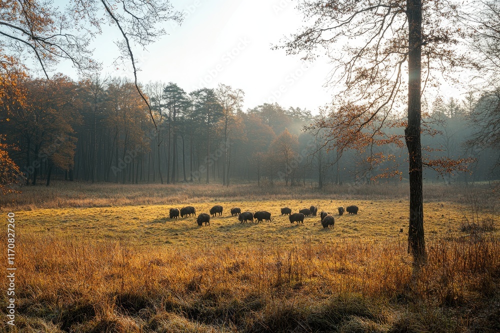 Wild boars grazing in a meadow at sunrise in autumn forest Wild boars grazing in a meadow at sunrise in autumn forest