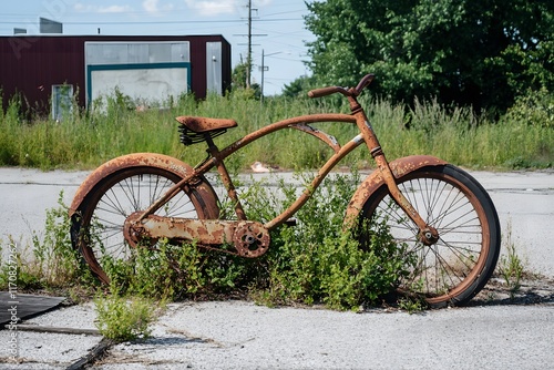 A rusted, abandoned bike on a quiet street, with weeds growing through its wheels, symbolizing the emotional stagnation and the feeling of being stuck in place. 