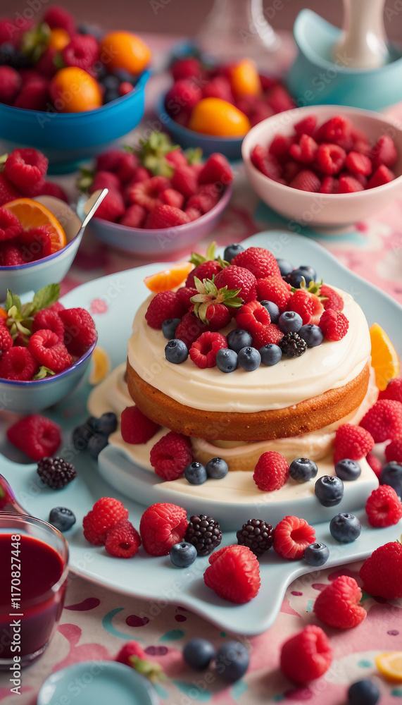 A colorful setup showcasing a berry-topped cake with fresh fruits on a vibrant table, featuring colorful dishes and a jar of berry sauce.
A colorful setup showcasing a berry-topped cake with fresh fruits on a vibrant table, featuring colorful dishes and a jar of berry sauce.