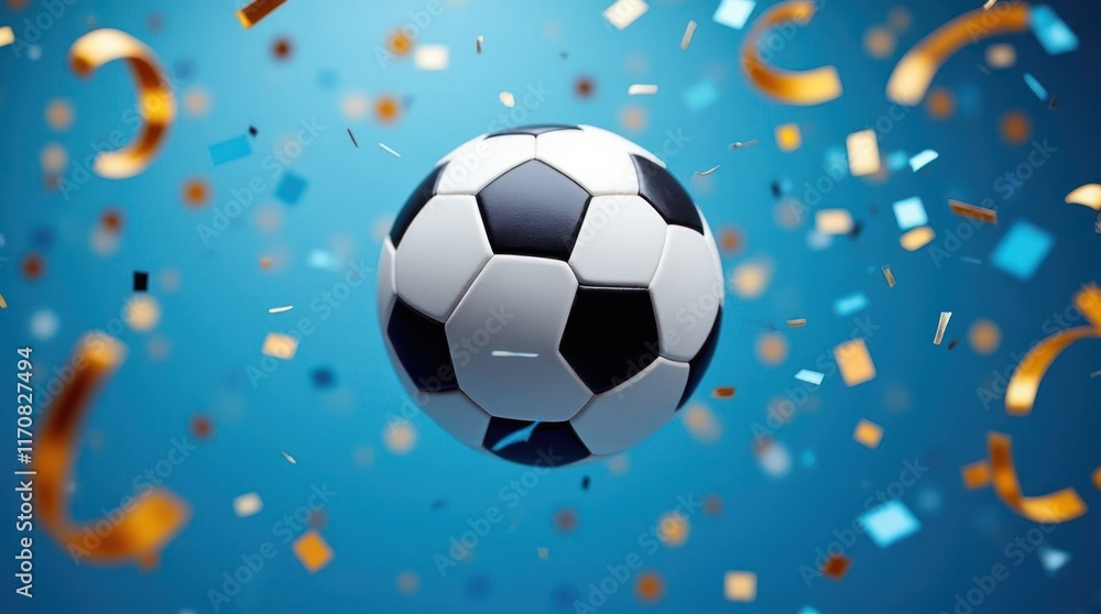 Fototapeta premium Soccer Ball Floating in Air Surrounded by Colorful Confetti Celebration