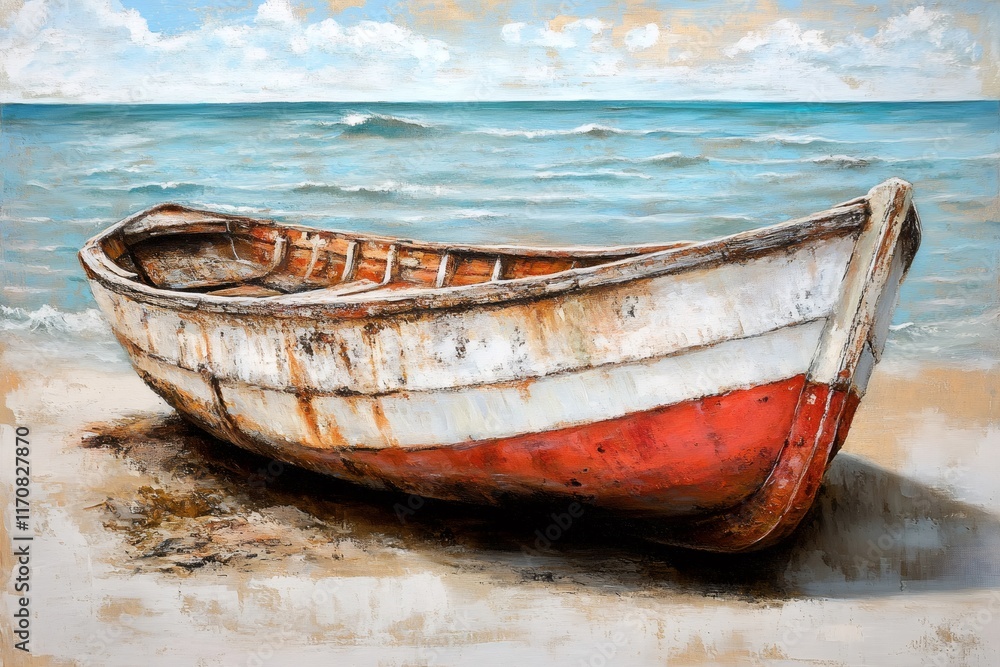 Fototapeta Old weathered rowboat resting on sandy beach near calm ocean waves