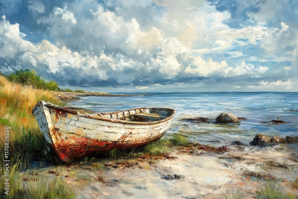 Old weathered rowboat resting on sandy beach under cloudy sky Old weathered rowboat resting on sandy beach under cloudy sky
