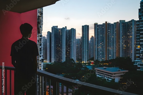 A person standing alone on a balcony, looking out over the city, symbolizing feelings of alienation and unconnectedness in a crowded world.  photo