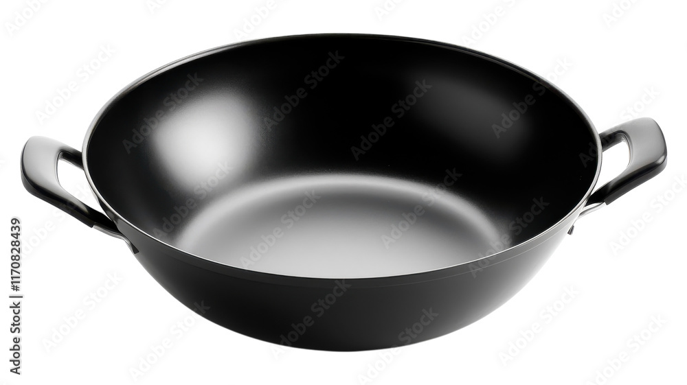 A sleek, modern black wok with dual handles suitable for stir-frying dishes in a contemporary kitchen setting. A sleek, modern black wok with dual handles suitable for stir-frying dishes in a contemporary kitchen setting.