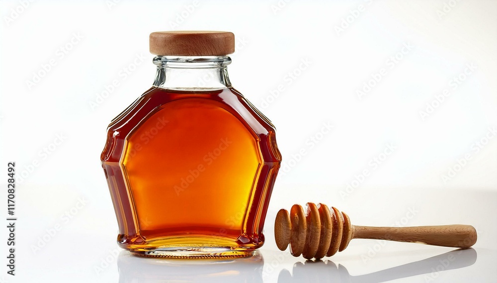Golden Honey in Glass Bottle with Wooden Honey Dipper: Rustic Still Life Golden Honey in Glass Bottle with Wooden Honey Dipper: Rustic Still Life
