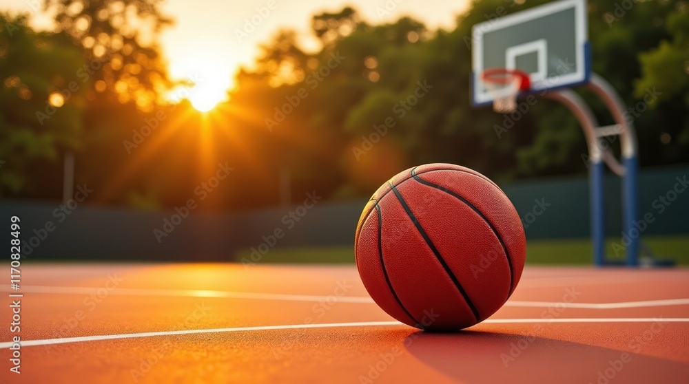 Basketball Resting on a Court at Sunset With Warm Orange Tones Basketball Resting on a Court at Sunset With Warm Orange Tones