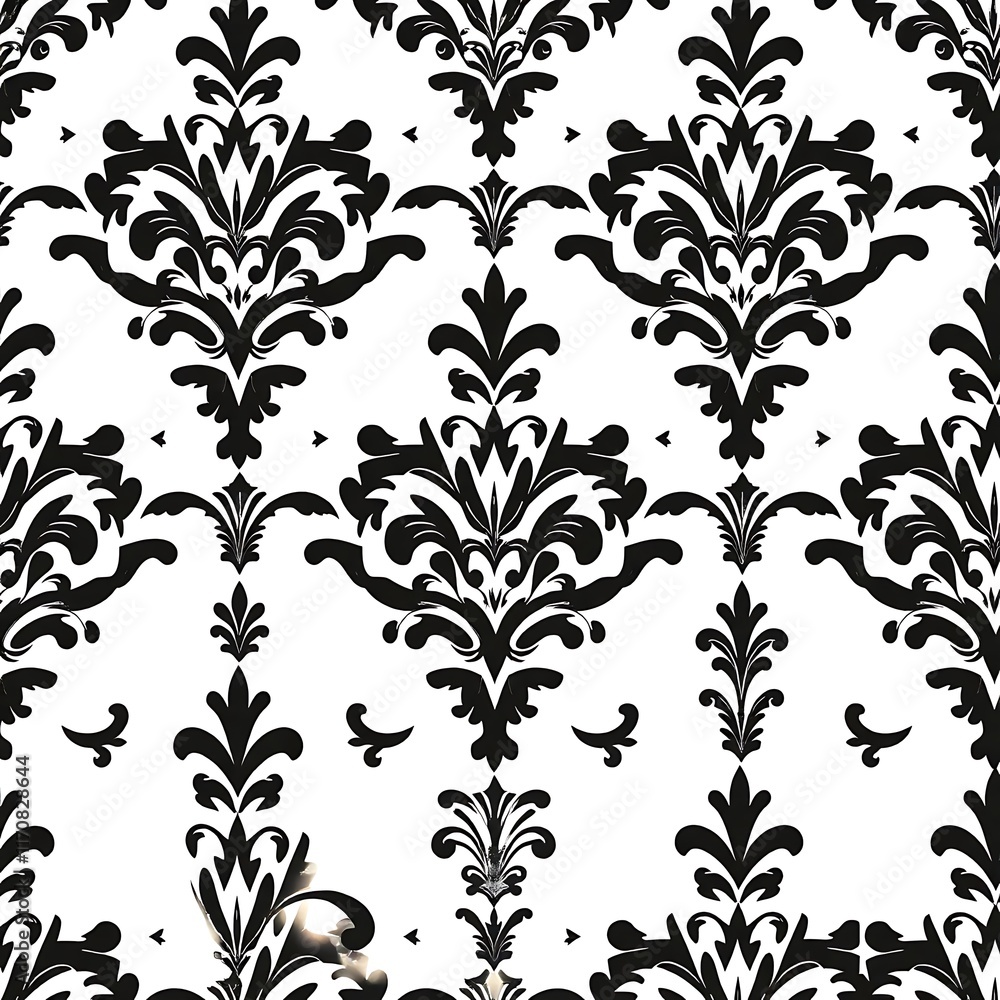 Fototapeta premium Damask Elegance: Black and white damask pattern. Seamless repeat texture. 