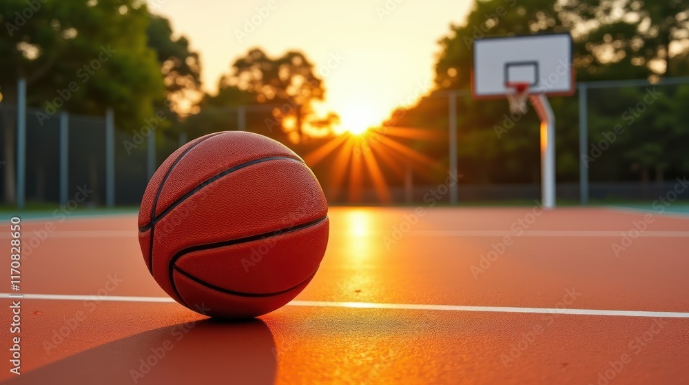 Tranquil Sunset View of Basketball Court With Ball Resting on Orange Surface Tranquil Sunset View of Basketball Court With Ball Resting on Orange Surface