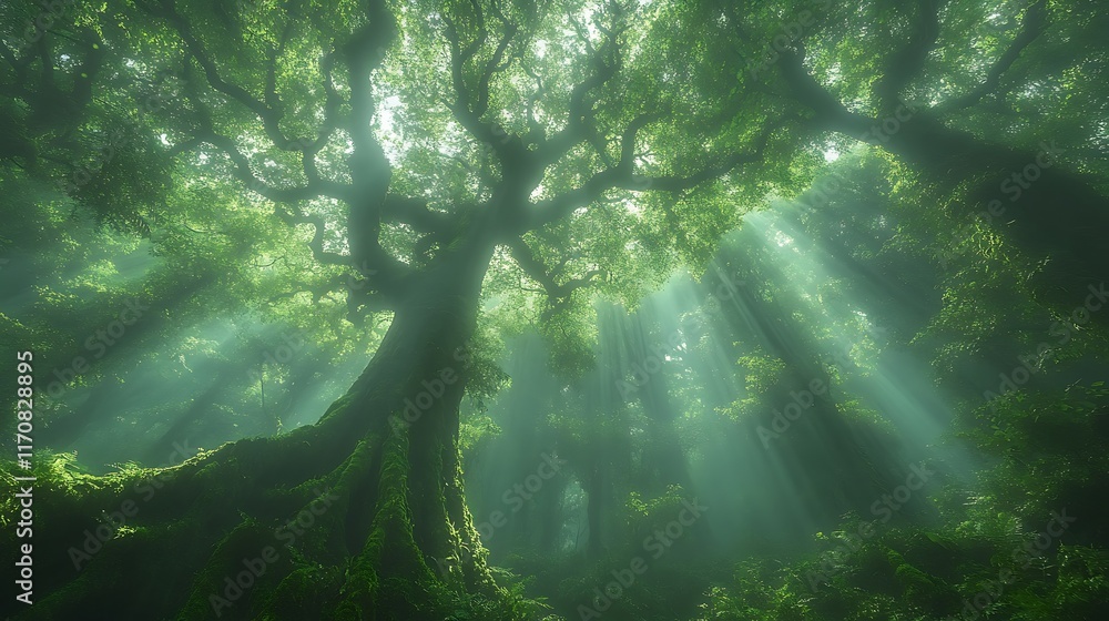 Obraz premium Sunlight filtering through ancient trees in lush forest environment