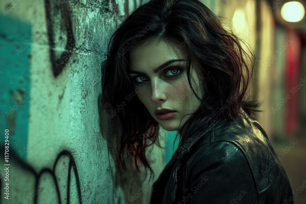 Intense Portrait of Young Woman in Urban Street Setting at Night Intense Portrait of Young Woman in Urban Street Setting at Night