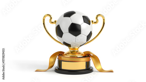 3d illustration render for a golden trophy in the shape of a soccer ball with handles on a metal base isolated on a white background.Gold cup and soccer ball.Award football trophy cup photo