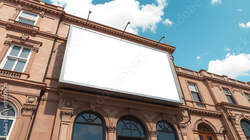 Large Blank Building Advertisement Billboard Sign Urban Public City. Template Ad Banner Mock Up.Square billboard on top of a palacein the city, mockup. photo