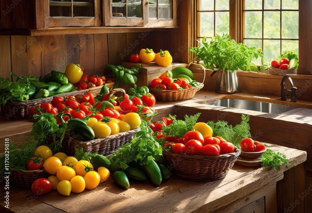 colorful display fresh vibrant farm produce arranged aesthetically welcoming kitchen filled natural light, abundance, artistry, atmosphere, baking colorful display fresh vibrant farm produce arranged aesthetically welcoming kitchen filled natural light, abundance, artistry, atmosphere, baking