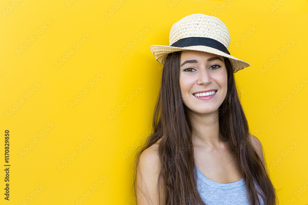Isolated portrait of a beautiful young woman smiling and wearing a straw summer hat in front of a yellow wall Isolated portrait of a beautiful young woman smiling and wearing a straw summer hat in front of a yellow wall