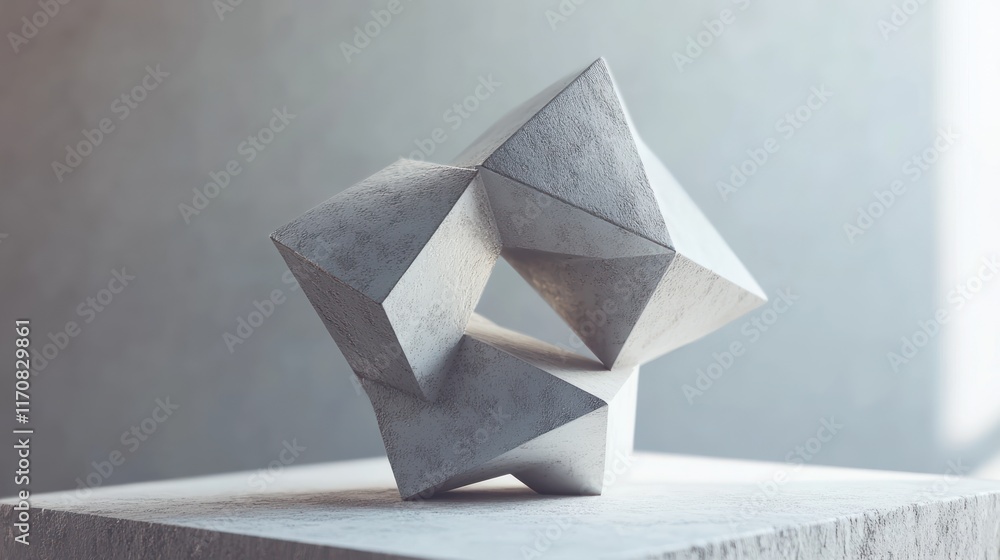 Abstract, geometric, concrete sculpture on a pedestal. Light gray, textured, modern art Abstract, geometric, concrete sculpture on a pedestal. Light gray, textured, modern art